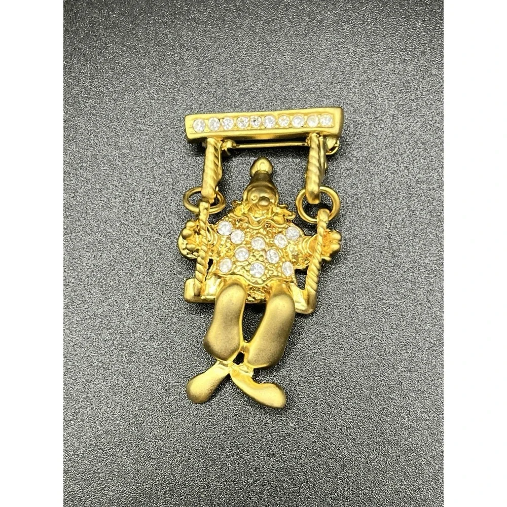 Gold Tone Clown on Swing Brooch Pin w/ Faux Diamonds Vintage Articulated